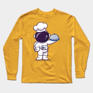 Cute Astronaut Chef Holding Cloche Food Plate Cartoon Long Sleeve T-Shirt